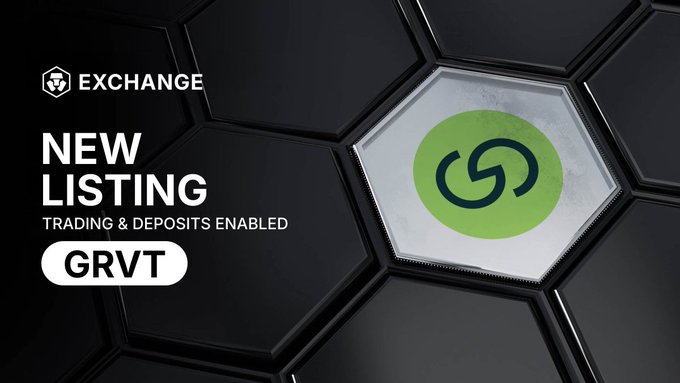 A crypto exchange promotional graphic announcing a 'NEW LISTING' for the token 'GRVT', with text reading 'TRADING & DEPOSITS ENABLED'.