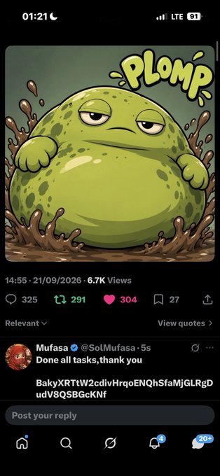 A social media post on X (formerly Twitter) featuring a cartoon image of a round, grumpy green slime creature labeled 'PLOMP,' posted by user Mufasa (@SolMufasa) saying 'Done all tasks, thank you'.