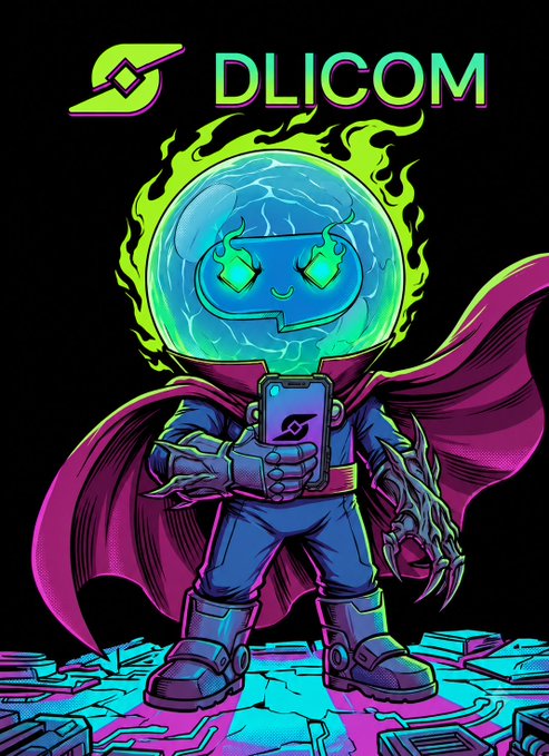 An illustration of a character with a glowing blue head in a spherical helmet, wearing a purple cape and holding a smartphone with an upward arrow icon, set against a black background with the text 'DLIЯCOM' (mirrored).