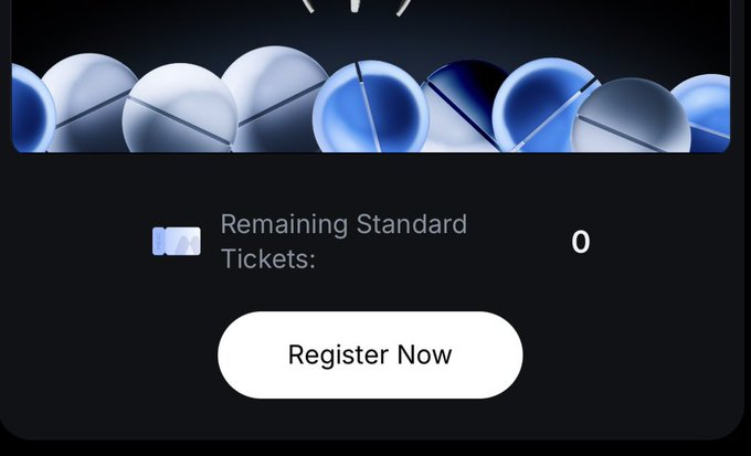 The image shows a registration section displaying "Remaining Standard Tickets: 0" alongside a "Register Now" button, set against a backdrop of blue spheres, corresponding to the post's mention of the MEXC0808 onboarding campaign and its $500,000 prize pool.