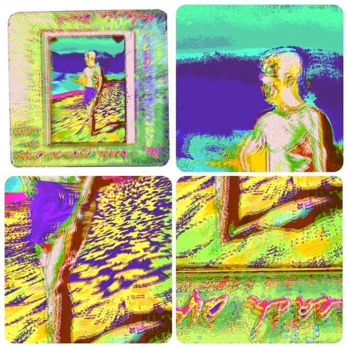 A four-panel art slideshow titled "beach" by Everthallus, showing a stylized figure in swim trunks on a beach with vibrant neon colors, accompanied by the text "beach & person feat." The imagery depicts a sunbather scene rendered in vivid, psychedelic hues across various perspectives.