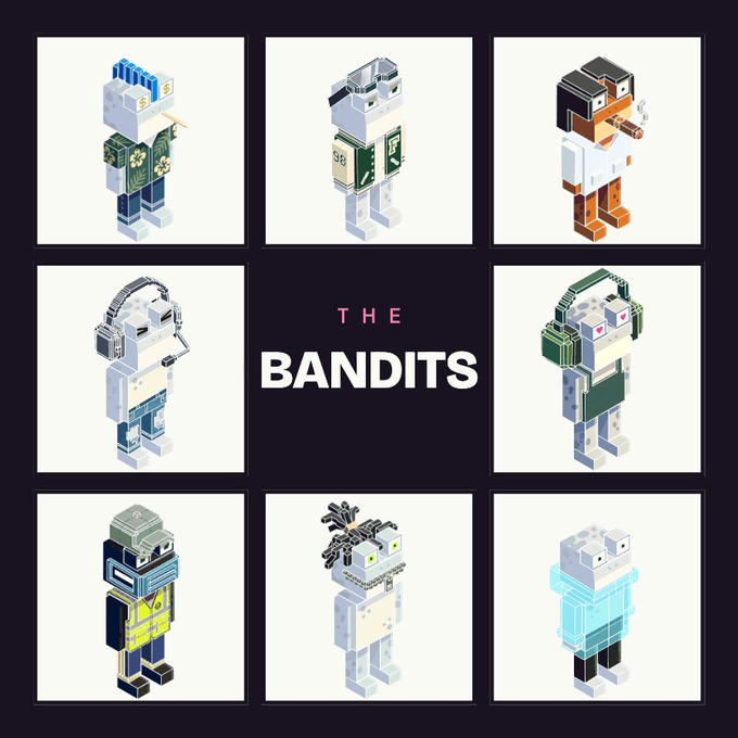 A 3x3 grid showcases eight blocky, voxel-style characters called "THE BANDITS" — featuring hooded figures, pipe-smokers, headset wearers, and glowing specters — arranged around the central title text, fitting for a PlayBandits whitelist collaboration giveaway promotion.