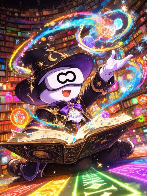 A vibrant digital illustration of a cute anime-style wizard character wearing a large hat and goggles with the number '3', casting colorful magic spells while sitting on an open spellbook in a magical library.