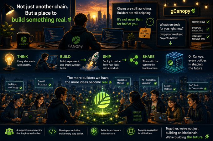 A promotional infographic for gCanopy describes the platform with the tagline "Not just another chain. But a place to build something real," outlining its THINK, BUILD, SHIP, and SHARE process alongside listed apps like GameFi Prototype and Prediction Market.