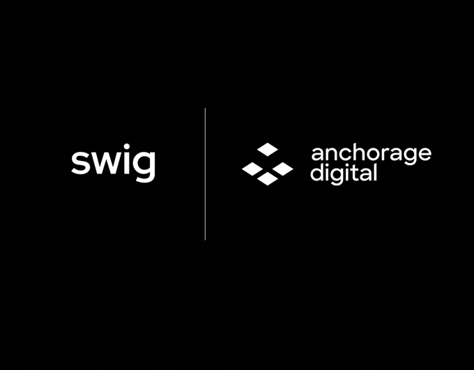 Logo graphic announcing a partnership between 'swig' and 'anchorage digital', displayed side-by-side on a black background.