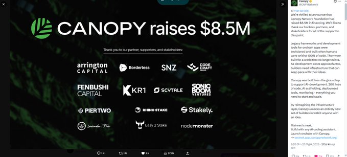 A Twitter/X post announcing 'CANOPY raises $8.5M' thanking partners, supporters, and stakeholders, listing investor logos including Arrington Capital, Borderless, SNZ, Coinbase Ventures, Fenbushi Capital, KR1, SCYTRLE, Sonic Boom Ventures, PierTwo, Rhino Stake, Stakely, Wonderful Tune, Easy 2 Stake, and nodemonster.