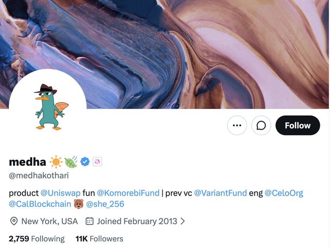 A Twitter/X profile page for 'medha' (@medhakothari), a 'product @Uniswap fun @KomorebiFund' based in New York, USA. The profile uses a Perry the Platypus avatar and lists 11K Followers and 2,759 Following, set against an abstract marbled banner.
