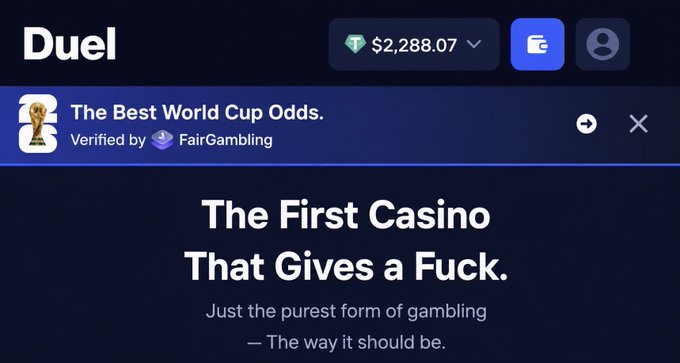 A screenshot of the Duel casino website displays a balance of $2,288.07 alongside a promotional banner advertising "The Best World Cup Odds" verified by FairGambling, with the site's tagline "The First Casino That Gives a Fuck." The image supports the post's request for a Solana address, likely suggesting the user wants to receive funds to deposit or play on the platform.