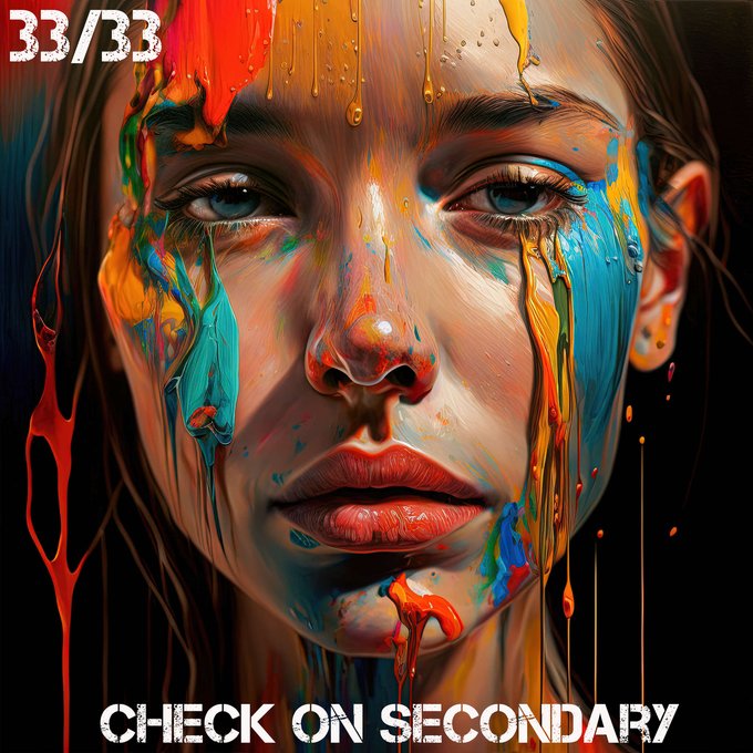 A vivid digital painting of a woman's face covered in dripping, multicolored paint, with text '33/33' in the top left and 'CHECK ON SECONDARY' at the bottom.