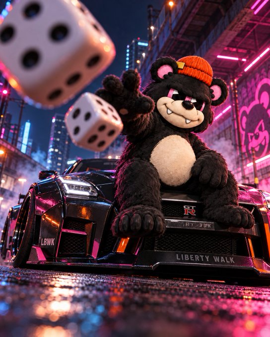 A vibrant 3D-rendered scene of a black teddy bear wearing an orange beanie, sitting on a Liberty Walk Nissan GT-R at night, reaching toward giant floating dice against a neon-lit city backdrop.