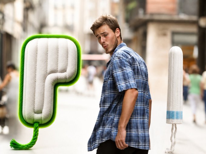 A meme showing a man looking back between a giant tampon and a giant menstrual pad on a city street, humorously illustrating a choice between two period products.