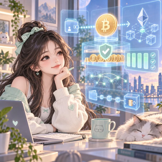 An anime-style illustration depicts a girl with a green bow looking at floating cryptocurrency graphics, with a cat, laptop, and mug nearby.