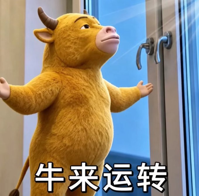 A 3D-rendered yellow furry ox/bull character standing with arms outstretched in front of a glass door. Chinese text at the bottom reads '牛来运转' (translating to 'Ox brings good fortune' or 'Lucky Ox').