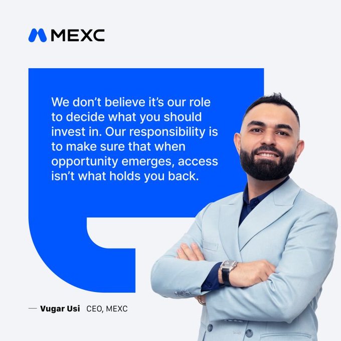 A promotional graphic for MEXC featuring CEO Vugar Usi Zade in a light blue suit with a quote about providing investment access opportunities.