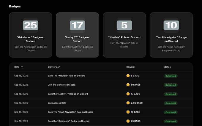 Dashboard showing Discord badges (Grindoor: 25, Lucky 17: 17, Newbie: 5, Vault Navigator: 10) with a transaction history dated Sep 16, 2026, marking all conversions as Completed with various BAGS rewards.
