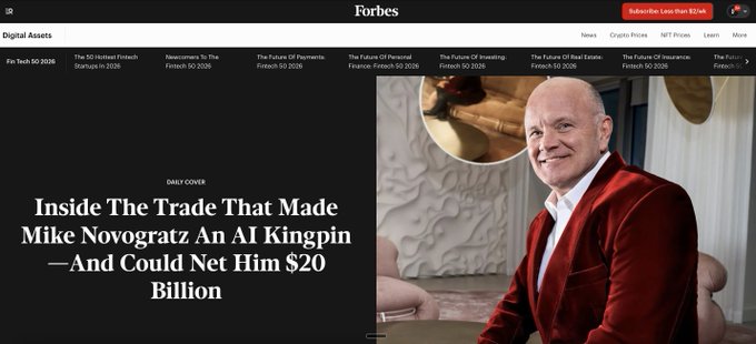 The image shows a Forbes "Daily Cover" article headline reading "Inside The Trade That Made Mike Novogratz An AI Kingpin—And Could Net Him $20 Billion," featuring a photo of Novogratz in a red velvet blazer, which directly relates to the accompanying post discussing Novogratz's $7 billion net worth and Galaxy Digital ($GLXY) stock as an AI/crypto play.