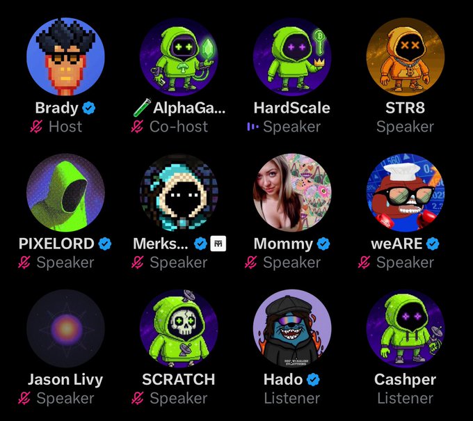 A Discord server member list displays 12 users with pixel-art profile pictures, including hosts Brady and co-host AlphaGa..., along with speakers like PIXELORD, Mommy, and weARE, plus listeners Hado and Cashpher. The image humorously supports the caption by showing multiple members (HardScale, SCRATCH, Cashpher, and others) sporting matching green pixel-hooded PFPs before an official reveal.