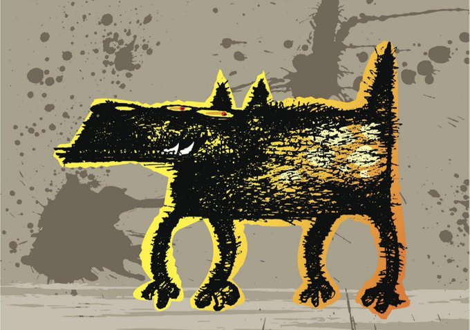 A stylized, ink-splattered artistic rendering of a yellow and black wolf-like creature outlined in orange against a beige background.