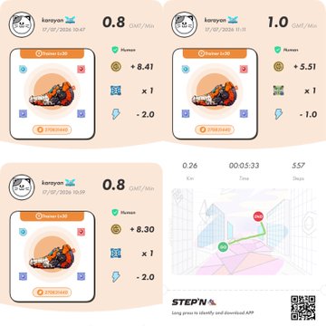 STEPN GO app screenshots showing 'kameyo' user earning GMT/Move tokens across multiple sessions, with the bottom-right panel displaying a 0.26 km walk route in 00:05:33.
