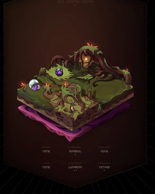 A digital illustration titled "006 - COSMIC DREAM" depicting a layered, isometric floating island with twisted roots, glowing flora, and a stone face, labeled with resources like kinSoul, lunarian, and nether.