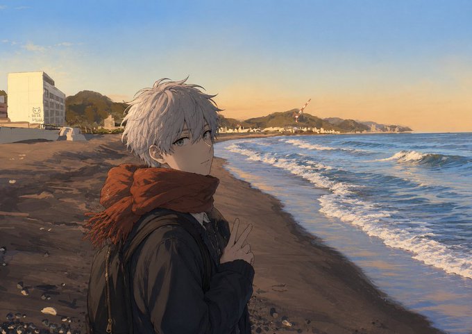 An anime-style illustration of a silver-haired boy wearing an orange scarf, looking back while standing on a beach at sunset.
