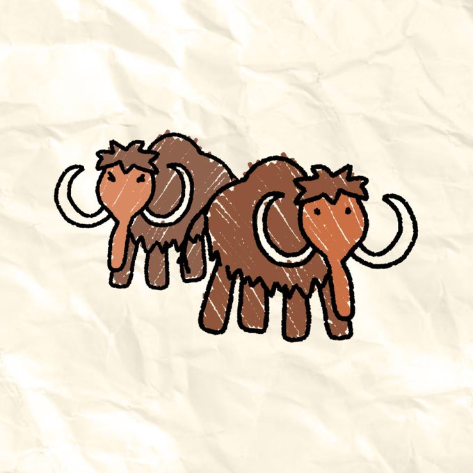 A child's crayon drawing of two brown woolly mammoths on crumpled cream-colored paper.