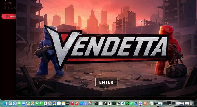 Video game title screen displaying 'VENDETTA' with two blocky characters (blue and red) holding guns in a ruined cityscape, with an 'ENTER' button below.