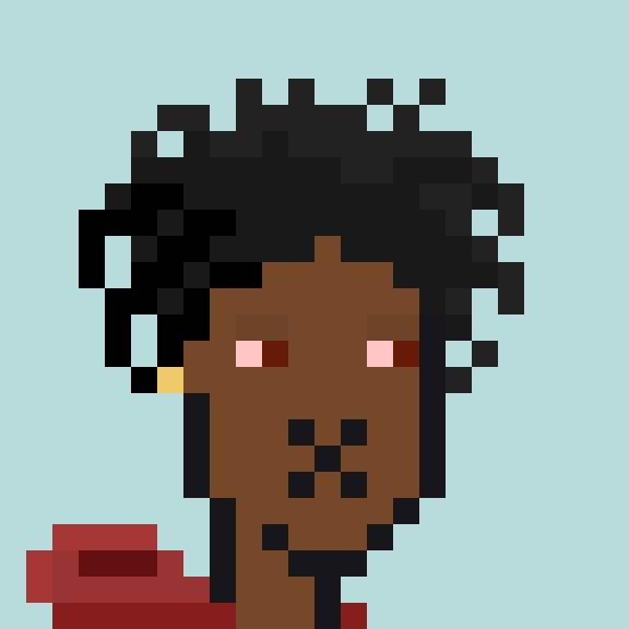 A pixel art portrait of a young Black man with dark curly hair, wearing a red shirt and a small gold earring, against a light blue background.