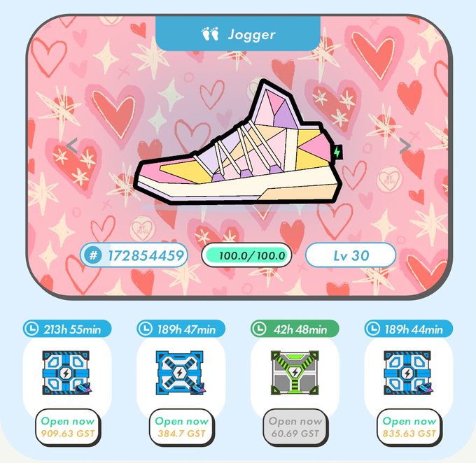 STEP'N app interface showing a Jogger sneaker (#172854459) at level 30 with 100/100 durability, and four mystery box crates available to open at prices ranging from 60.69 to 909.63 GST.