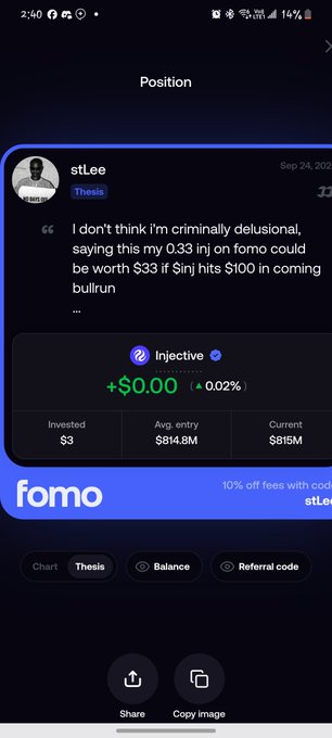 Screenshot from the fomo app showing a user's post about their Injective (INJ) position with $3 invested at an average entry of $814.8M.