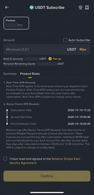 The image shows a Binance Simple Earn "USDT Subscribe" screen for a Flexible product, detailing the Product Rules including Real-Time APR Rewards and Bonus Tiered APR Rewards (with a subscription date of 2026-10-14), alongside a 0.01 USDT minimum input field—directly illustrating the new-user USDT Flexible subscription page referenced in the post explaining how bonus APR rewards are calculated and distributed.