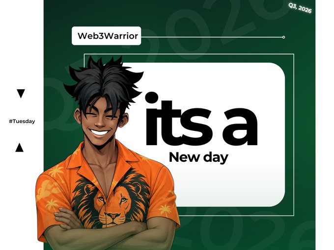 A graphic titled 'Web3Warrior' dated 'Q3, 2026' and '#Tuesday' features an anime-style character wearing an orange shirt with a lion graphic and the text 'its a New day'.