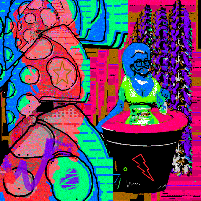 A chaotic, brightly colored digital collage featuring a large red hand-like shape, a blue-skinned figure with glasses, and various abstract elements.