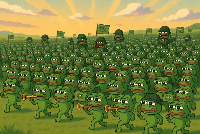 The image shows a massive army of cartoon Pepe the Frog characters marching across a grassy field at sunset, with some playing trumpets and others waving flags bearing Pepe's face. The "Knock knock…" caption pairs with the image's overwhelming frog invasion, humorously suggesting that Pepe has arrived at the door—and brought his entire army with him.