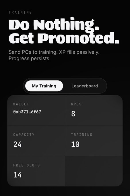 A dark-themed training dashboard showing "Do Nothing. Get Promoted." with stats: 8 NPCs, capacity of 24, 10 in training, and 14 free slots—directly supporting the post's question about filling those 14 available slots with more Playable Characters.