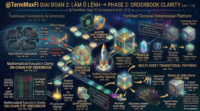 The image is a detailed infographic from @TermMaxFi outlining "Phase 2: Orderbook Clarity" within their TermMax App V2 Ecosystem, contrasting "Traditional Complexity & Gimmicks" with a "Fortified Terminal Dimensional Platform." It visually maps structural DeFi upgrades—including on-chain P2P orderbooks, predictable fixed yields via FYTs, Ironclad Yield Hubs, and Ironclad Zero-Decay Credit Hubs—directly tying each labeled component to a citation number. This reinforces the post's point that DeFi has historically chased automated, instant-execution speed at the cost of transparency, whereas TermMax's redesign prioritizes auditable, mathematically clear orderbook execution and durable yield structures over raw velocity.
