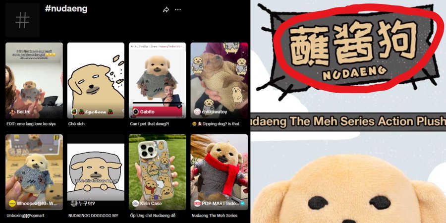 A split image showing a social media feed of plush toys on the left and a zoomed-in logo circled in red reading 'NUDAENG' (with Chinese characters above) on the right, branded as 'Nudaeng The Meh Series Action Plush'.