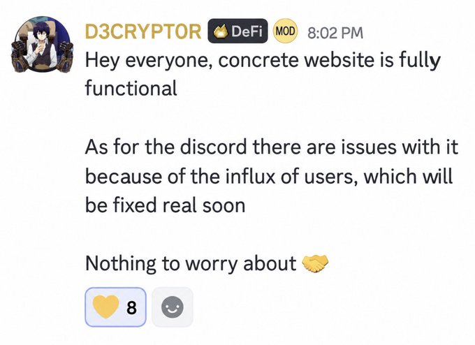 A Discord message from user "D3CRYPTOR" (with a DeFi MOD badge) posted at 8:02 PM announces that the Concrete website is now fully functional, noting that Discord issues caused by an influx of users will be fixed soon, with "Nothing to worry about" and a handshake emoji, receiving 8 reactions.

This image relates to the post because it shows the official announcement from the project team that the Concrete website issues have been resolved, confirming the reward points page is now working again so users can check their points and claim eligible rewards.