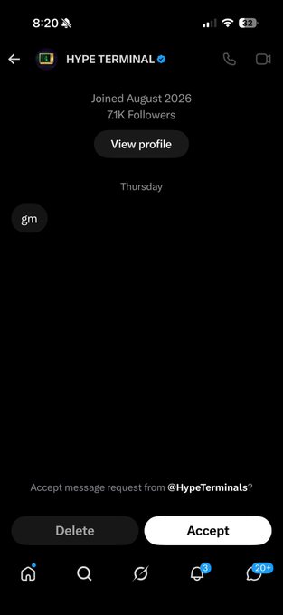 A screenshot of a Twitter/X DM message request from "HYPE TERMINAL" (7.1K followers, joined August 2026) showing just a "gm" message that can be accepted or deleted. The image illustrates the post's joke about ignored DMs, specifically highlighting HYPE Terminal's unsolicited outreach.