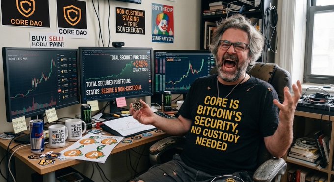 An excited man wearing a shirt reading 'CORE IS BITCOIN'S SECURITY, NO CUSTODY NEEDED' sits in front of multiple monitors showing crypto charts and 'TOTAL SECURED PORTFOLIO' stats.