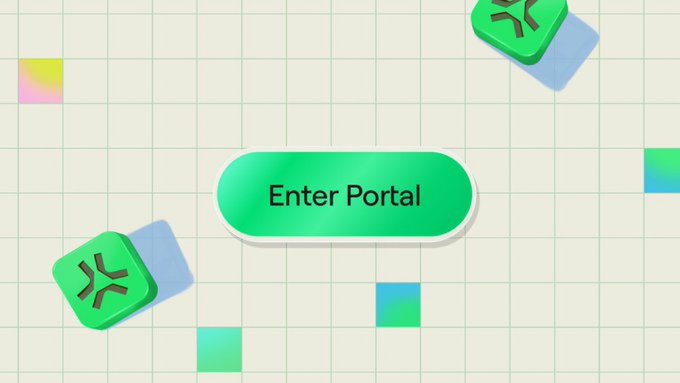 A digital graphic featuring a green "Enter Portal" button on a grid background with floating green app icons and colorful gradient squares.