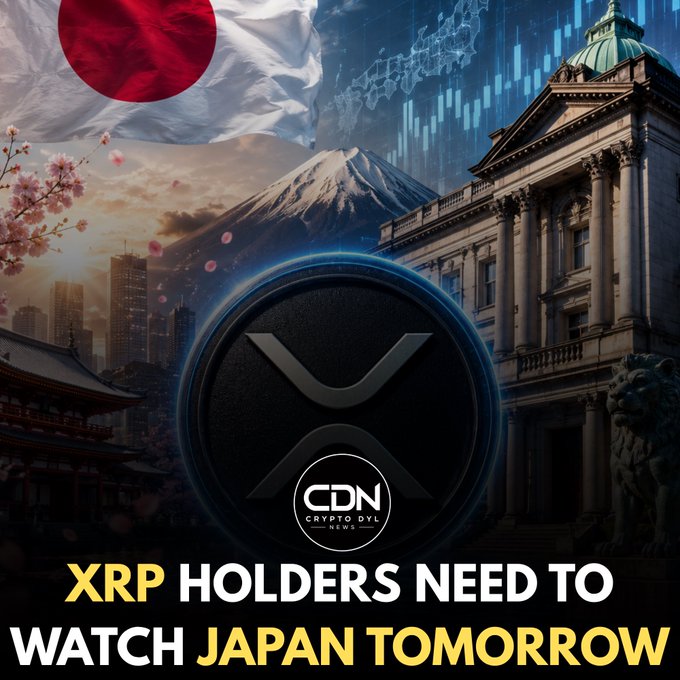 A promotional graphic features the XRP logo and Japanese flag over imagery of Mt. Fuji, Tokyo cityscape, and a classical building, with bold text reading "XRP HOLDERS NEED TO WATCH JAPAN TOMORROW," tying the visual elements of Japan to a call for XRP holders to pay attention to upcoming developments there.