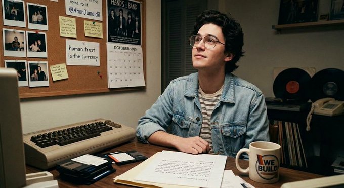 A young man with glasses and a denim jacket sits at a desk with a vintage keyboard and a 'WE BUILD' mug, with a corkboard behind him displaying photos, a calendar from October 1989, and a sticky note reading 'human trust is the currency'.