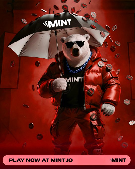 A promotional poster for MINT featuring a polar bear wearing sunglasses, a red puffer jacket, and a gold chain, holding a black and white 'MINT' umbrella amid falling coins, with the text 'PLAY NOW AT MINT.IO'.