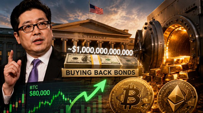 A financial graphic features a man in glasses and a suit, the U.S. Treasury building, stacks of cash, an open vault with gold bars, and Bitcoin and Ethereum coins, with text "~$1,000,000,000,000 BUYING BACK BONDS" and "BTC $80,000" alongside a green upward chart arrow.