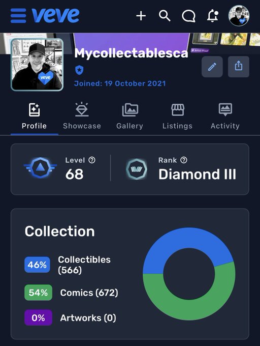The image shows a phone screen displaying information about a user's VeVE account, including their profile details and a collection of comic books. The post suggests that users should share their VeVE profile with others by adding a "profile" button on the left side of the app. Additionally, it encourages users to add F4F (Follow4Fun) in the app for better engagement with the community.