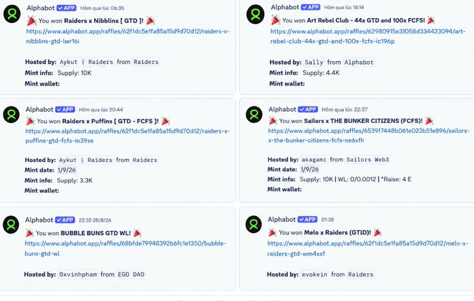 A grid of notifications from the Alphabot APP showing winning NFT raffle results including 'Raiders x Nibblins (GTD)', 'Art Rebel Club - 44x GTD and 100x FCFS!', 'Raiders x Ruffins (GTD - FCFS)!', 'Sailors x THE BUNKER CITIZENS (FCFS)!', 'BUBBLE BUNS GTD WL!', and 'Melo x Raiders (GTD!)'.