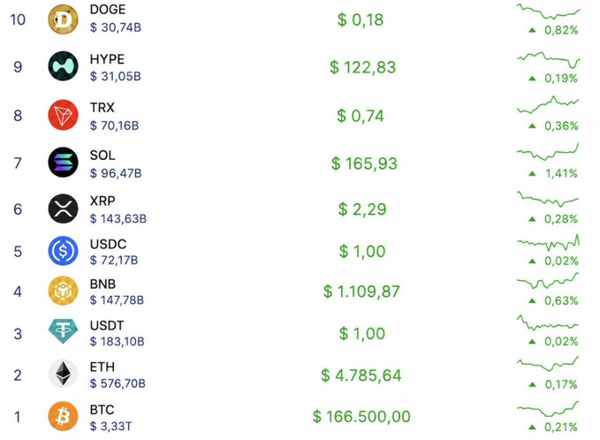 A cryptocurrency market ranking table showing the top 10 digital assets by market capitalization, including Bitcoin ($166,500.00, $3.33T), Ethereum ($4,785.64, $576.70B), and USDT ($183.10B), all displaying modest green gains ranging from 0.02% to 1.41%. The image accompanies a post warning that "Most aren't ready for what's coming" in crypto over the next 12-18 months, suggesting these current prices represent a calm before a significant market shift.