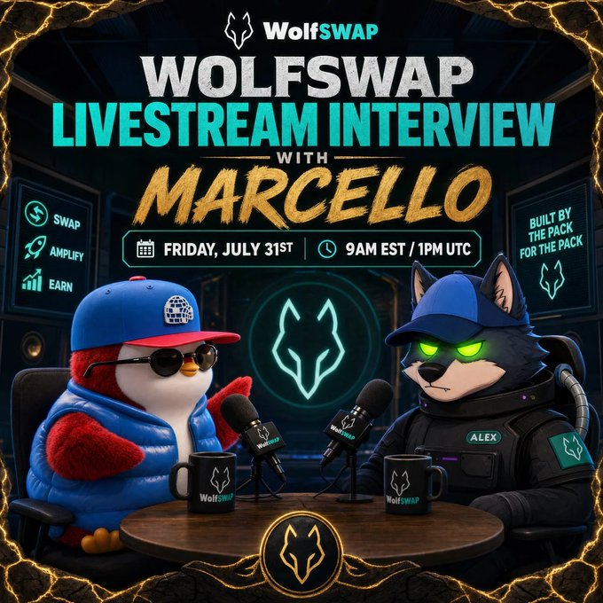 Promotional graphic for a WolfSwap Livestream Interview with Marcello, scheduled for Friday, July 31st at 9 AM EST / 1 PM UTC, featuring a penguin and a wolf character at a podcast desk.