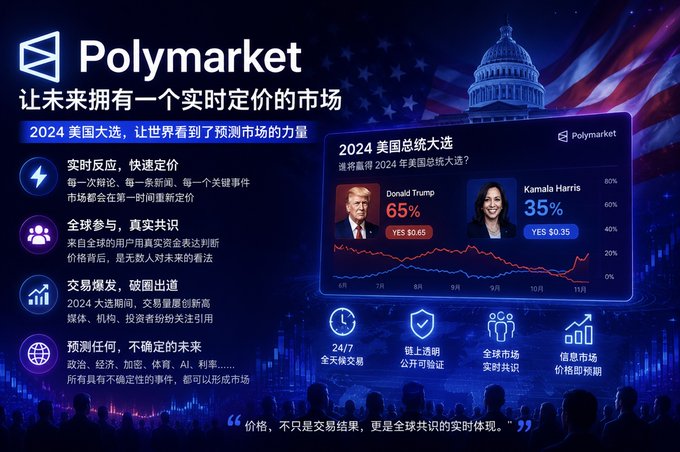 A promotional graphic for Polymarket featuring Chinese text with a 2024 US presidential election prediction market display showing Donald Trump at 65% YES $0.65 and Kamala Harris at 35% YES $0.35.